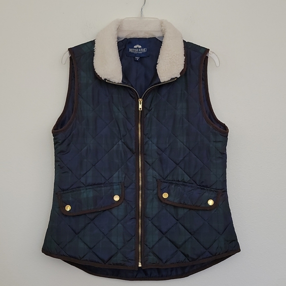 British Khaki Jackets & Blazers - British Khaki Plaid Blue & Green Quilted Vest M